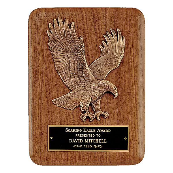 Solid Walnut Plaque with Sculptured Relief Eagle Casting and Black Brass Plate