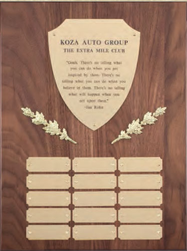 Genuine walnut perpetual plaque with brush brass engraving plates