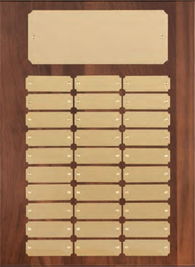 Genuine walnut perpetual plaque with brush brass engraving plates